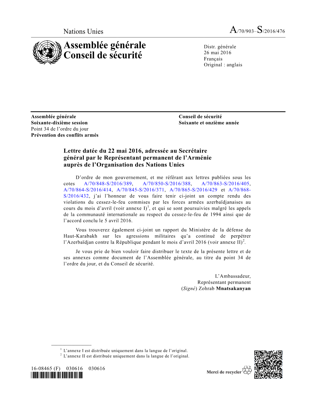 Assemblée Générale Conseil De Sécurité Soixante-Dixième Session Soixante Et Onzième Année Point 34 De L’Ordre Du Jour Prévention Des Conflits Armés