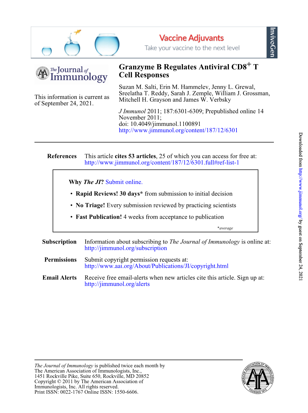 Cell Responses T+ Granzyme B Regulates Antiviral