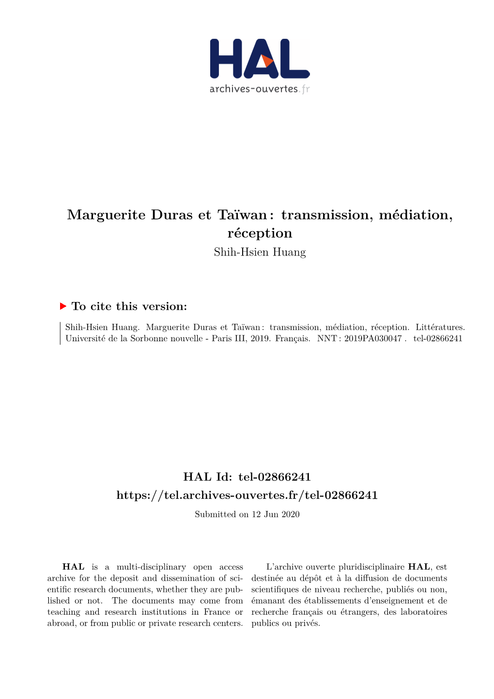 Marguerite Duras Et Taïwan : Transmission, Médiation, Réception Shih-Hsien Huang