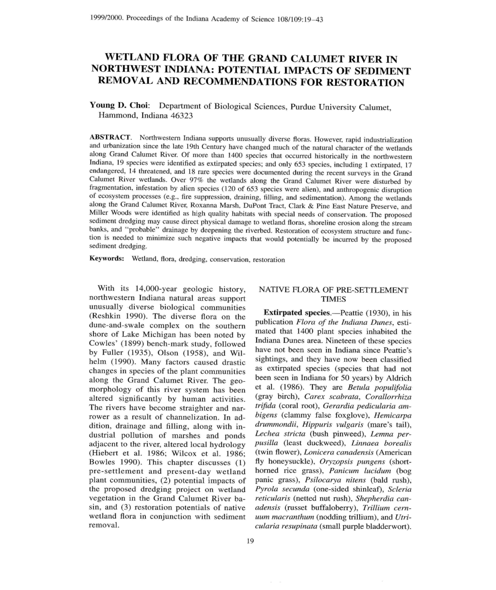 Wetland Flora of the Grand Calumet River in Northwest Indiana: Potential Impacts of Sediment Removal and Recommendations for Restoratio N