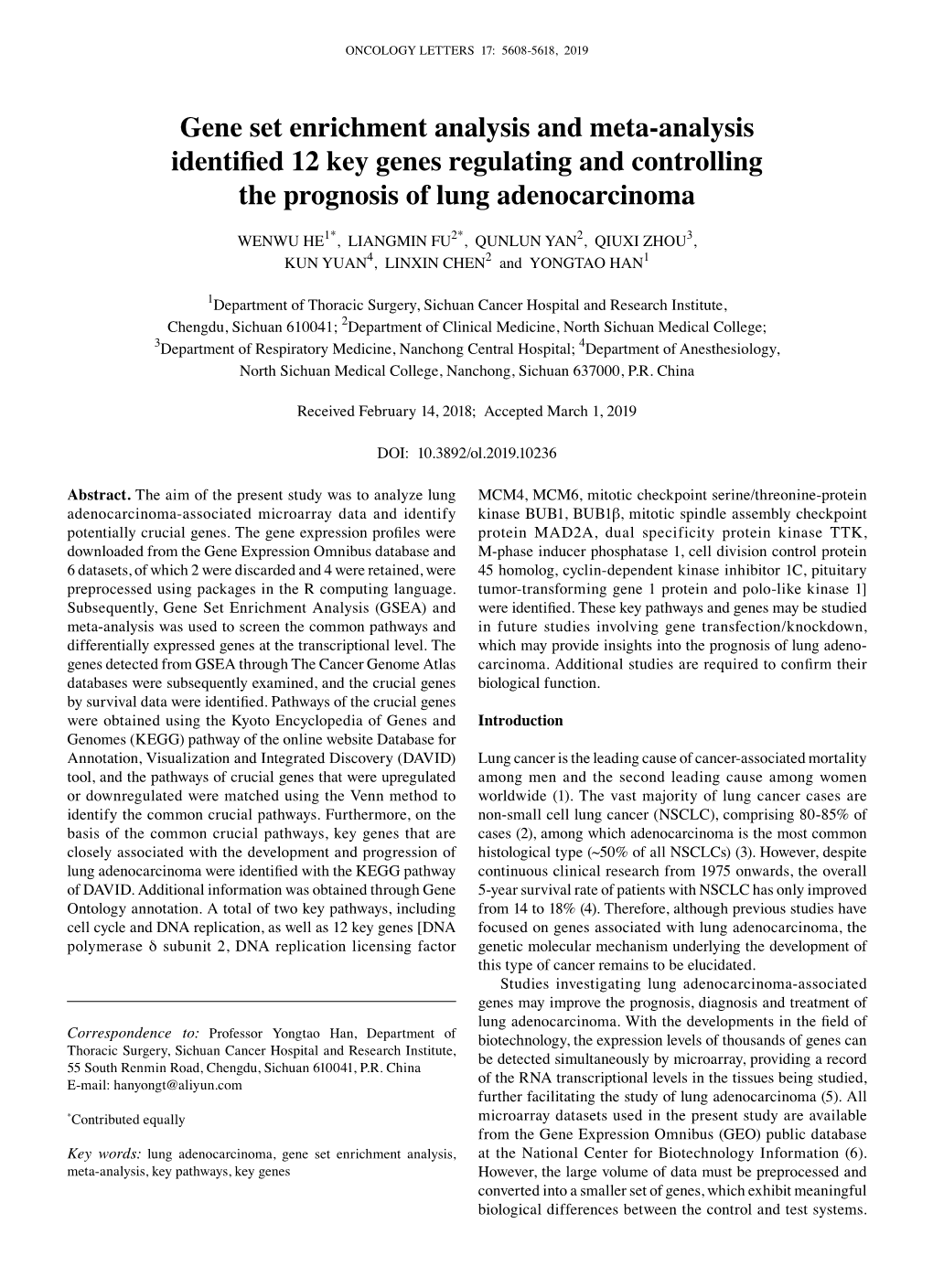 Gene Set Enrichment Analysis and Meta‑Analysis Identified 12 Key Genes Regulating and Controlling the Prognosis of Lung Adenocarcinoma