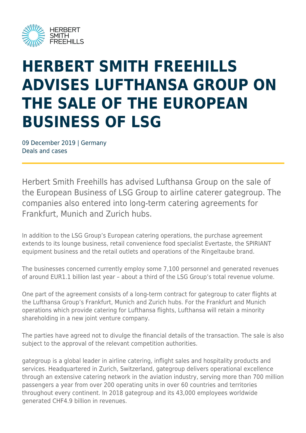 Herbert Smith Freehills Advises Lufthansa Group on the Sale of the European Business of Lsg