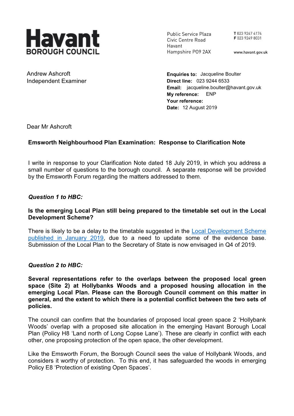 Emsworth Neighbourhood Plan Examination: Response to Clarification Note