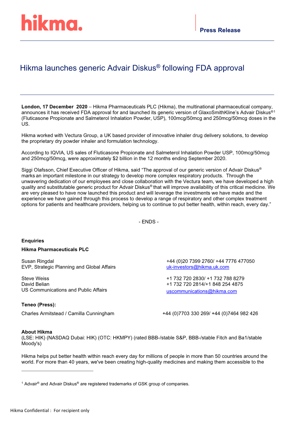 Hikma Launches Generic Advair Diskus® Following FDA Approval