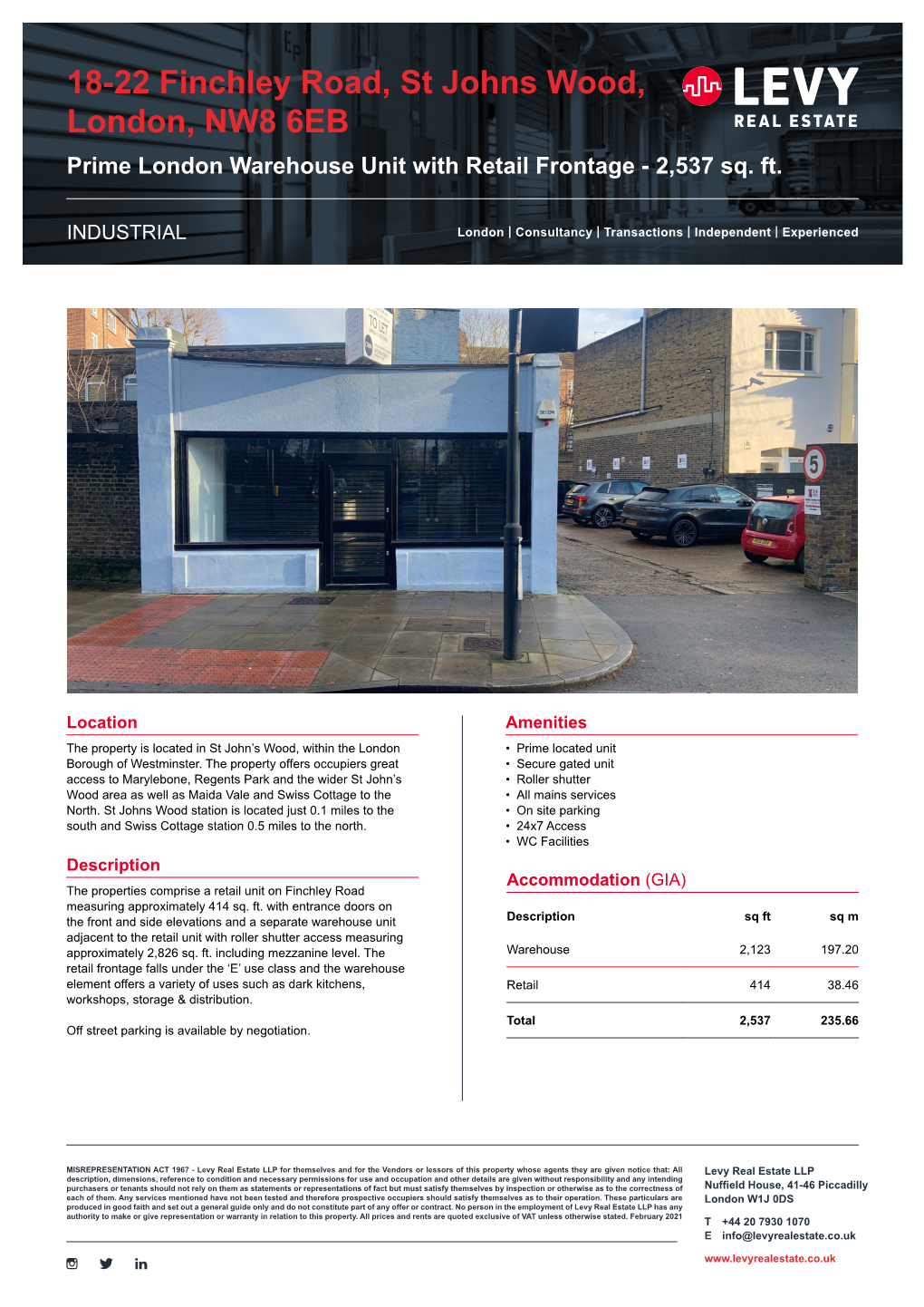 18-22 Finchley Road, St Johns Wood, London, NW8 6EB Prime London Warehouse Unit with Retail Frontage - 2,537 Sq