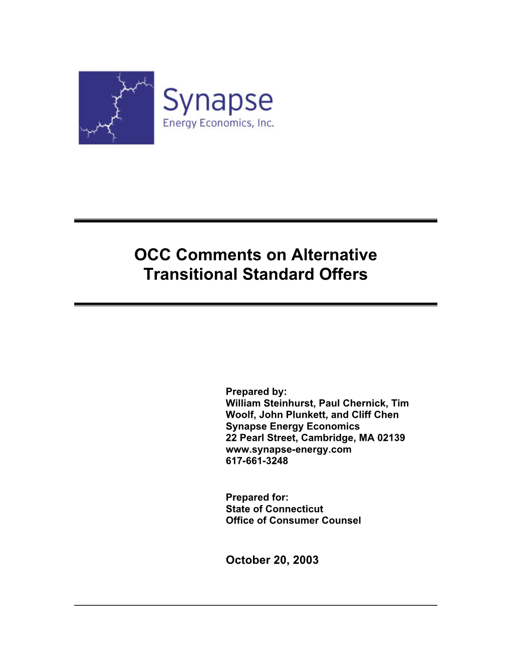 OCC Comments on Alternative Transitional Standard Offers