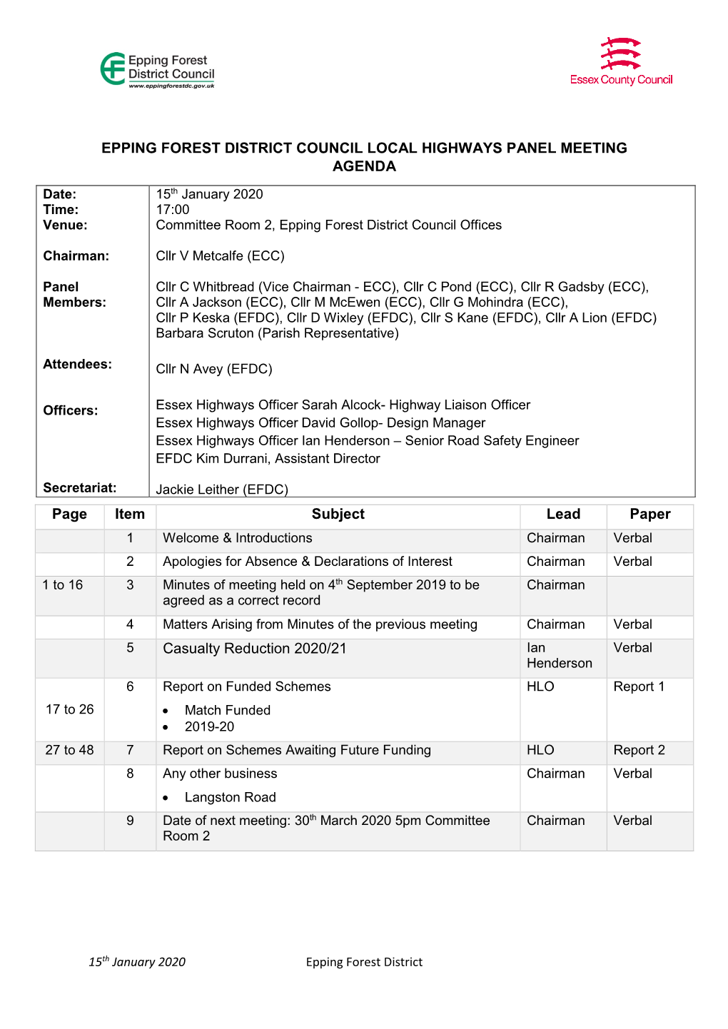 Epping Forest District Council Local Highways Panel Meeting Agenda