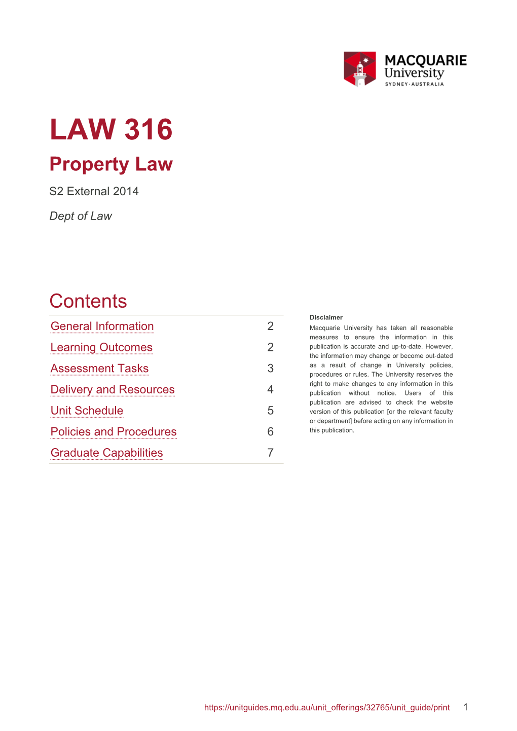 LAW 316 Property Law S2 External 2014