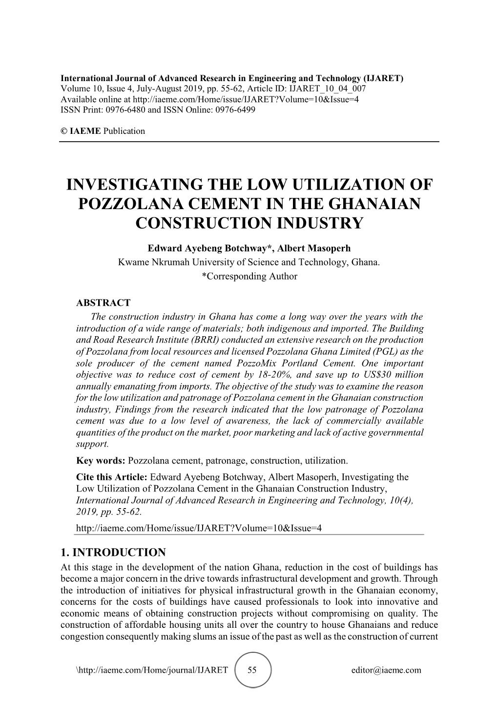Investigating the Low Utilization of Pozzolana Cement in the Ghanaian Construction Industry