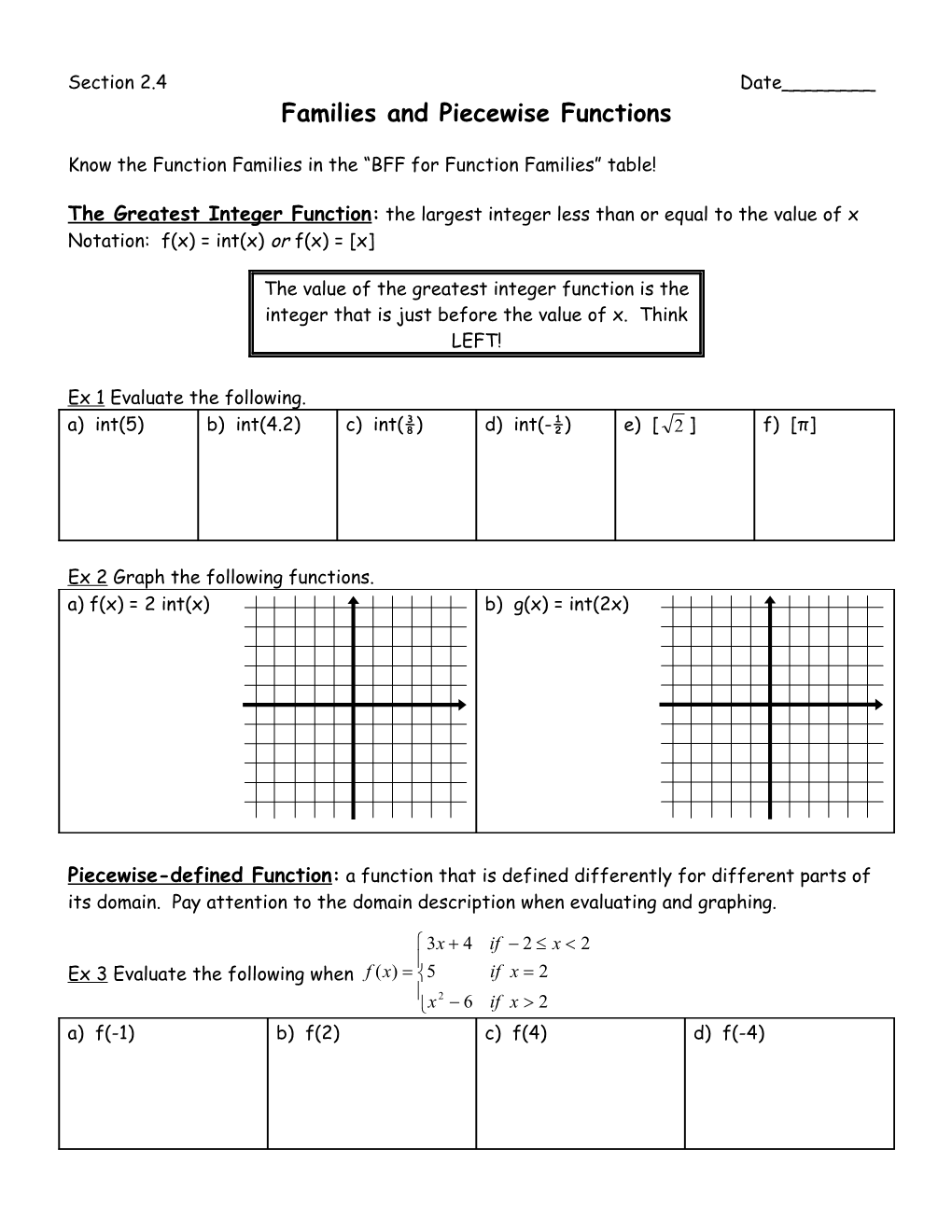 Families and Piecewise Functions