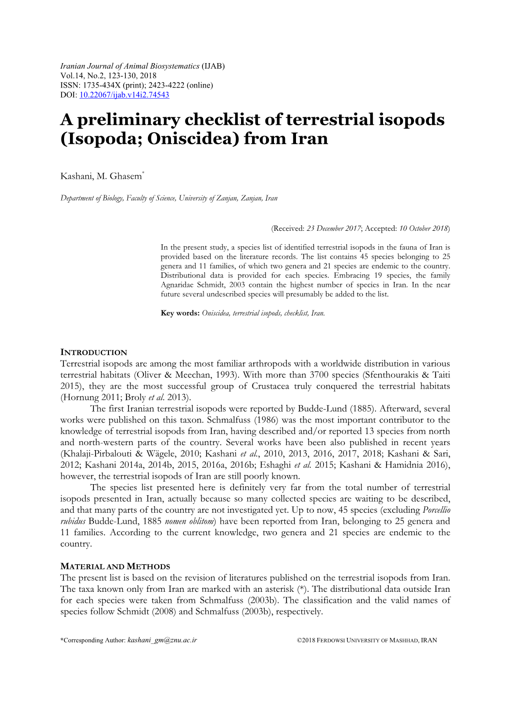 A Preliminary Checklist of Terrestrial Isopods (Isopoda; Oniscidea) from Iran