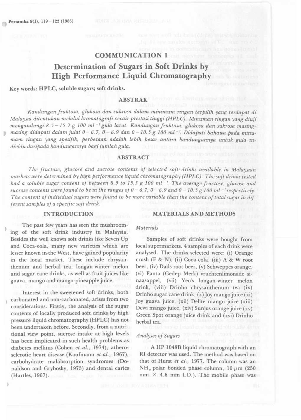 Determination of Sugars in Soft Drinks by High Performance Liquid Chromatography