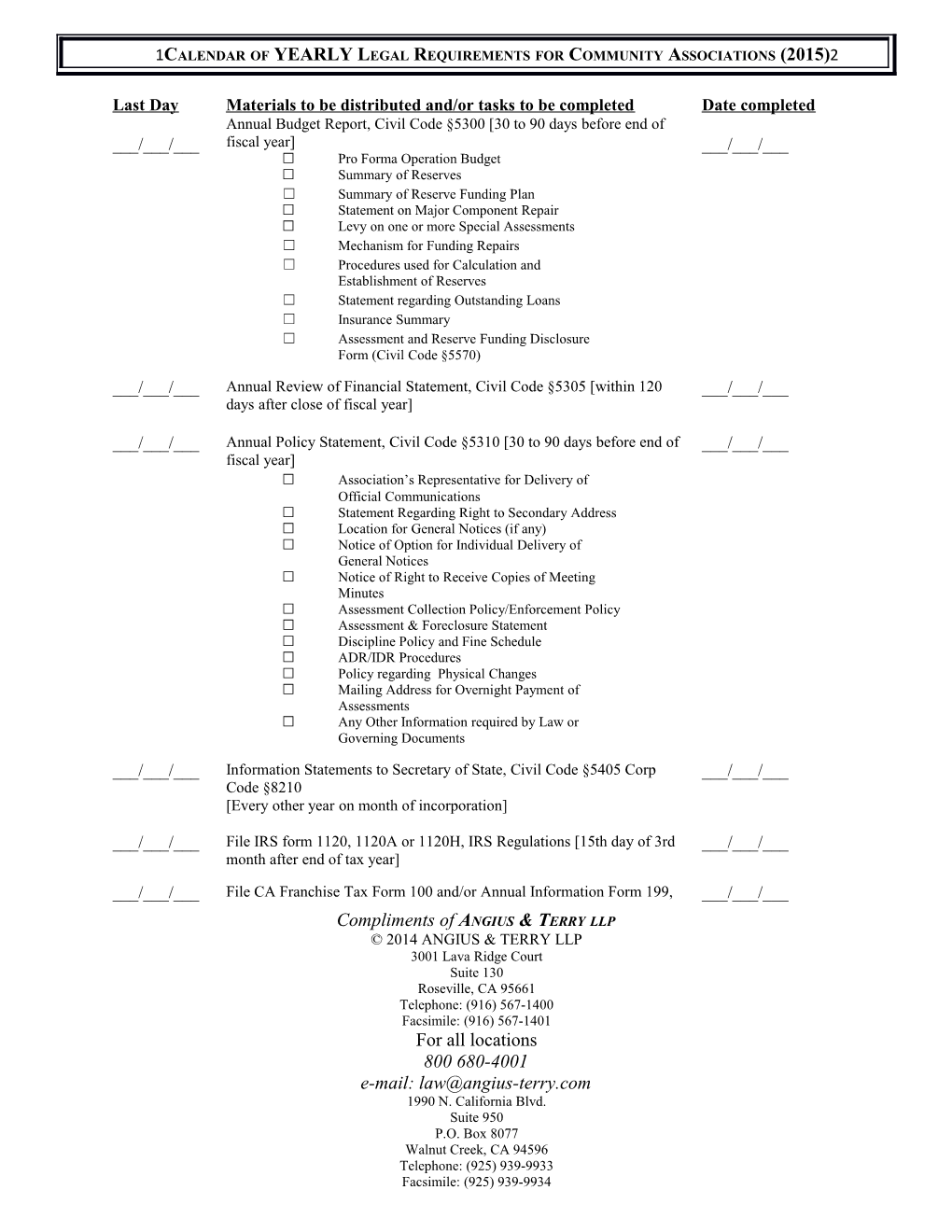 Calendar of YEARLY Legal Requirements for Community Associations (2015)