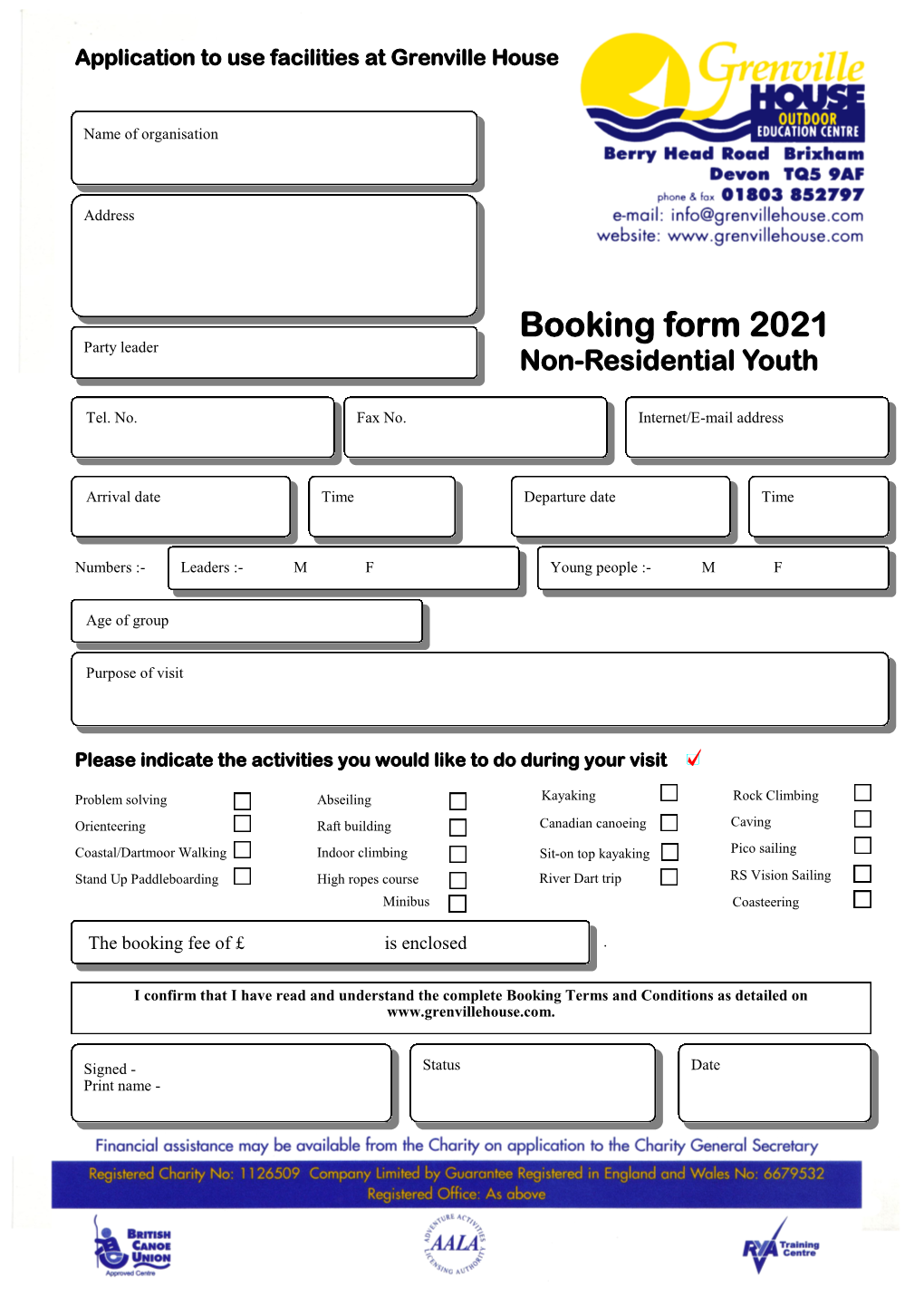Booking Form 2021 Party Leader Non-Residential Youth