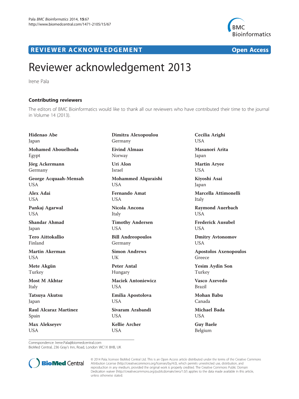 Reviewer Acknowledgement 2013 Irene Pala