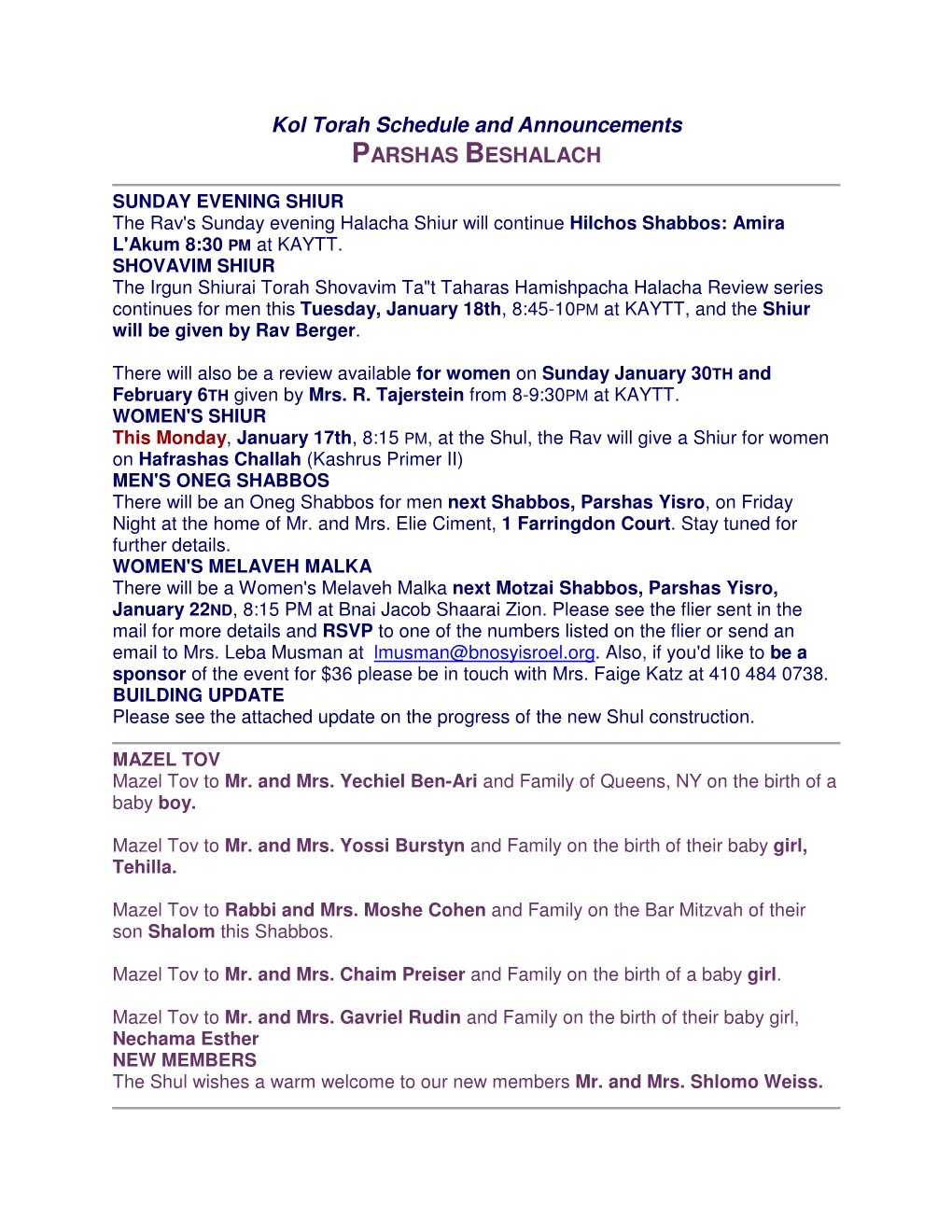 Kol Torah Schedule and Announcements PARSHAS BESHALACH