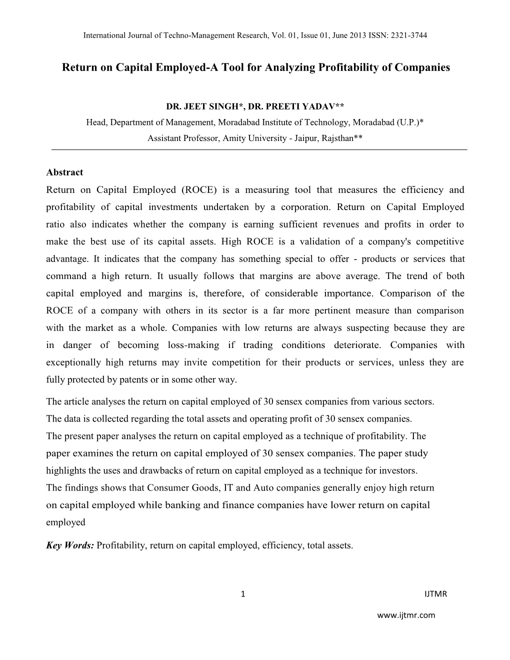 Return on Capital Employed-A Tool for Analyzing Profitability of Companies