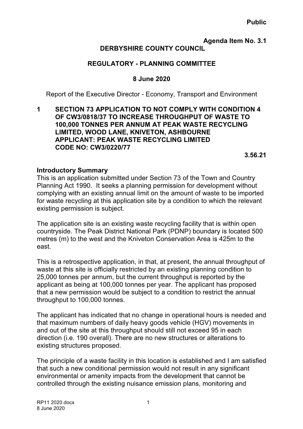 Public Agenda Item No. 3.1 DERBYSHIRE COUNTY COUNCIL