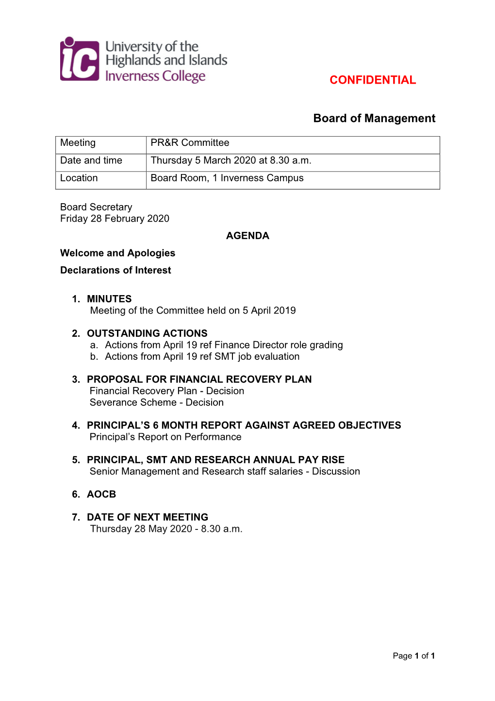 CONFIDENTIAL Board of Management