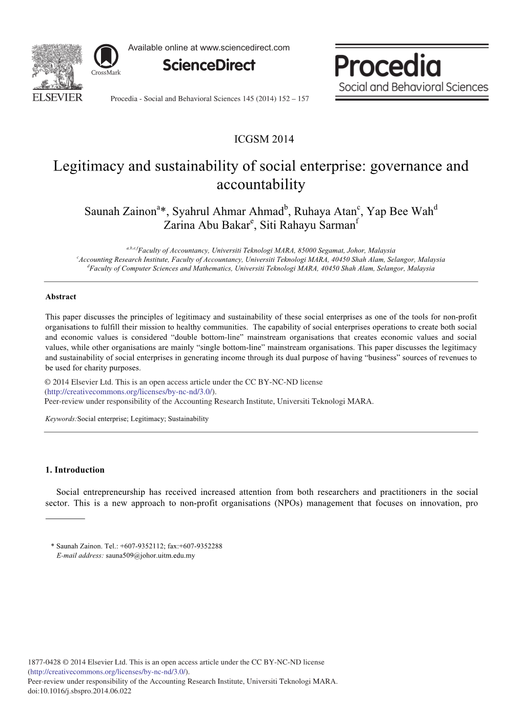 Legitimacy and Sustainability of Social Enterprise: Governance and Accountability