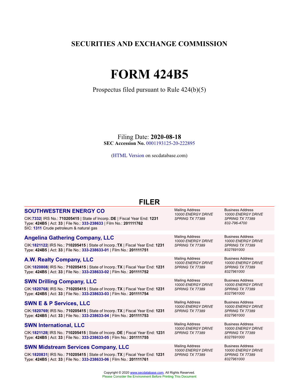 Southwestern Energy Company $350,000,000 % Senior Notes Due 2028