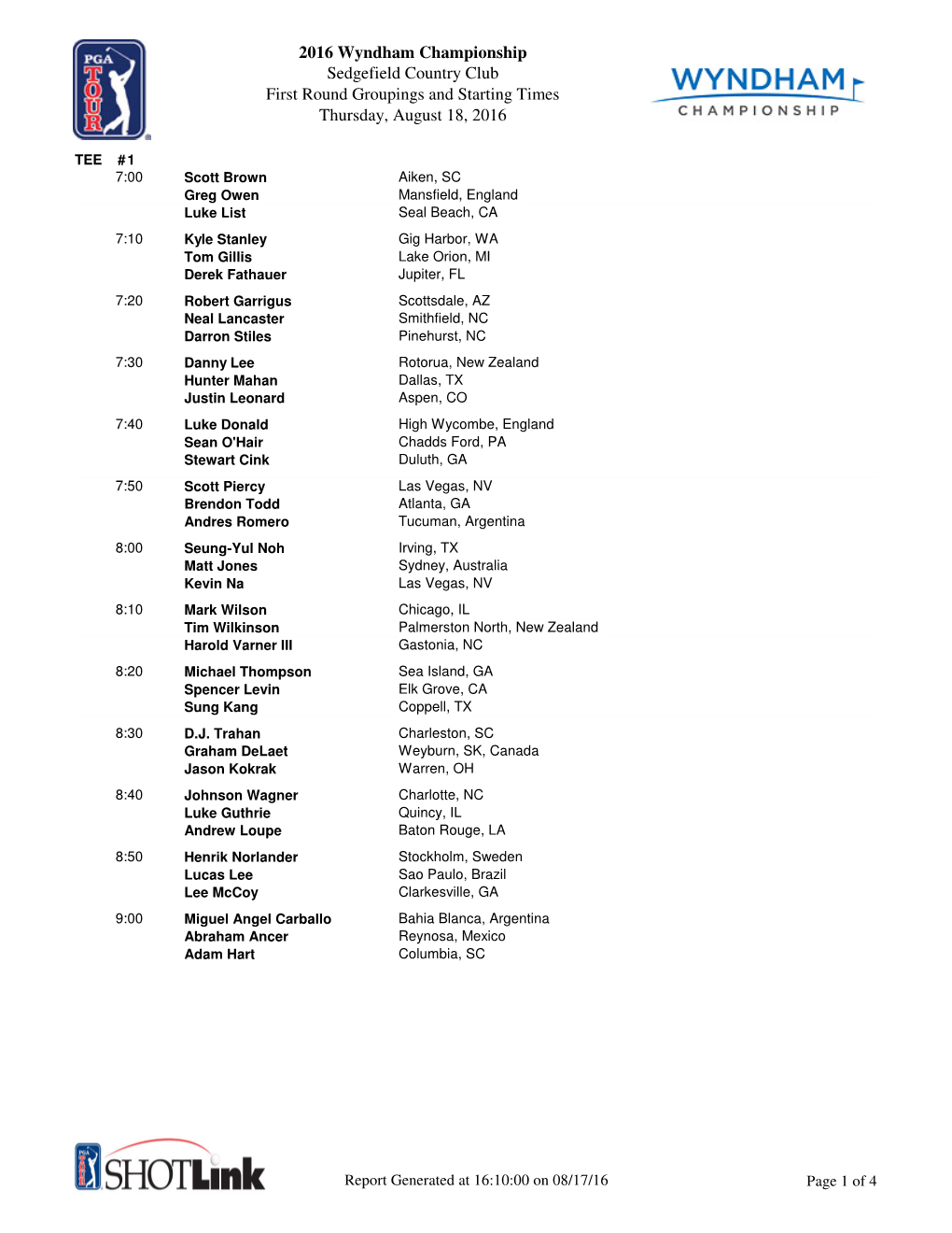 2016 Wyndham Championship Sedgefield Country Club First Round Groupings and Starting Times Thursday, August 18, 2016