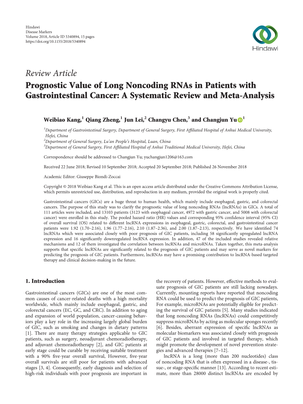 Prognostic Value of Long Noncoding Rnas in Patients with Gastrointestinal Cancer: a Systematic Review and Meta-Analysis