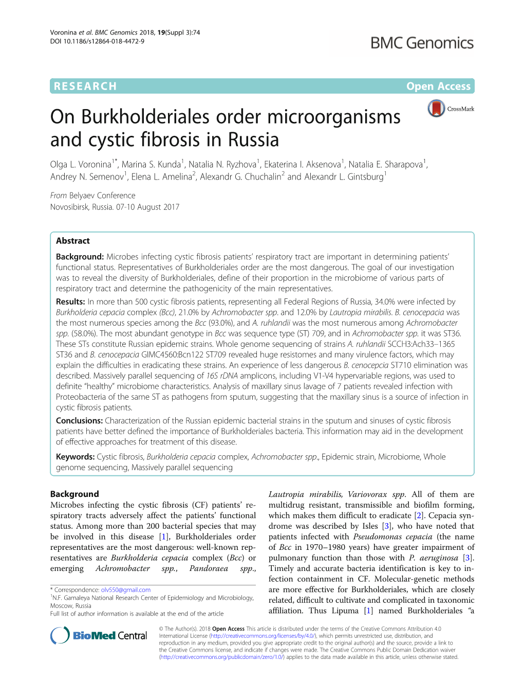 On Burkholderiales Order Microorganisms and Cystic Fibrosis in Russia Olga L