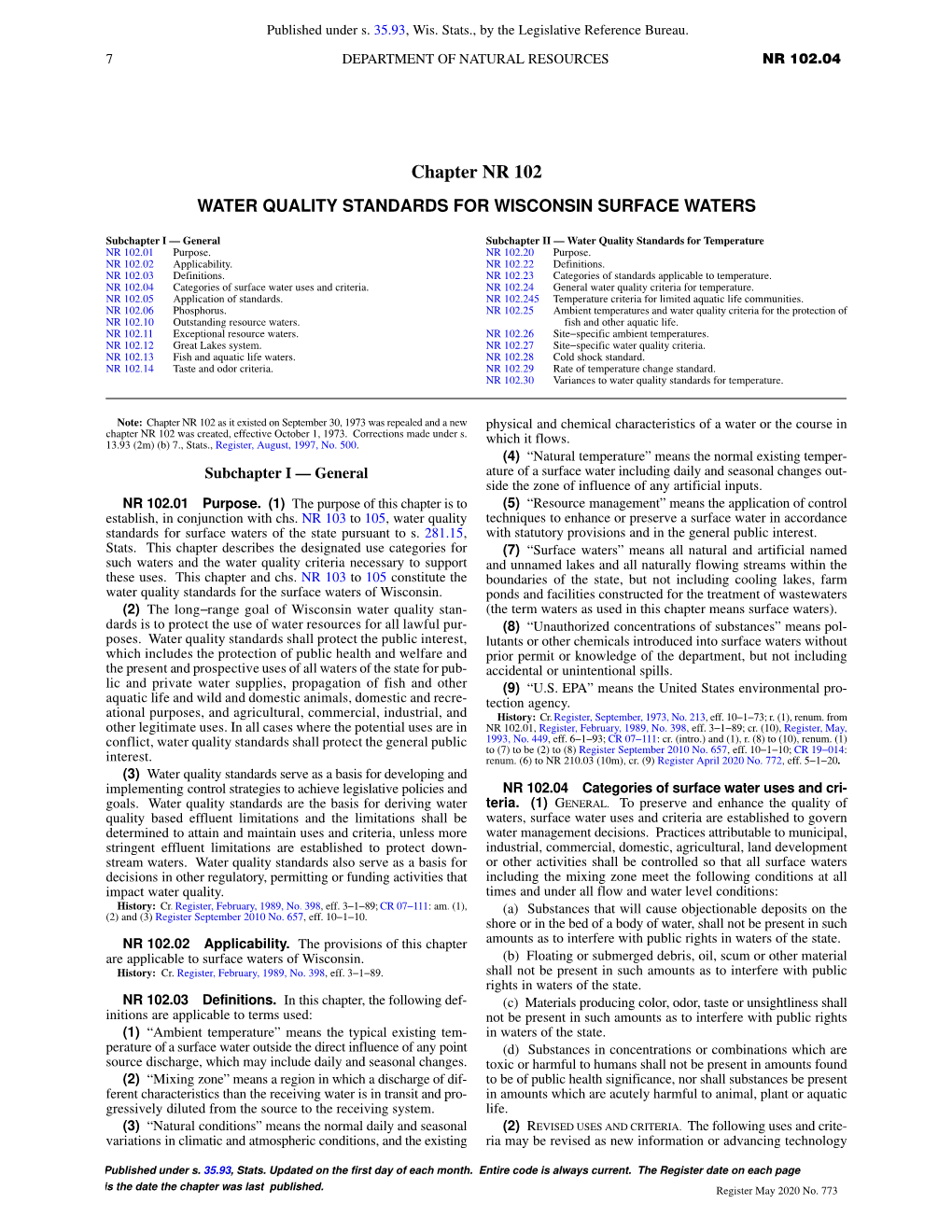 Chapter NR 102 WATER QUALITY STANDARDS for WISCONSIN SURFACE WATERS