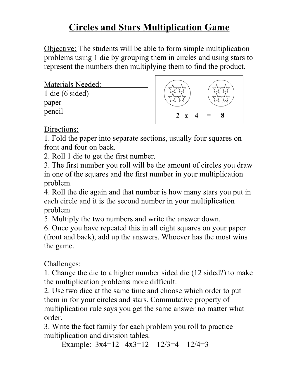 Circles and Stars Multiplication Game