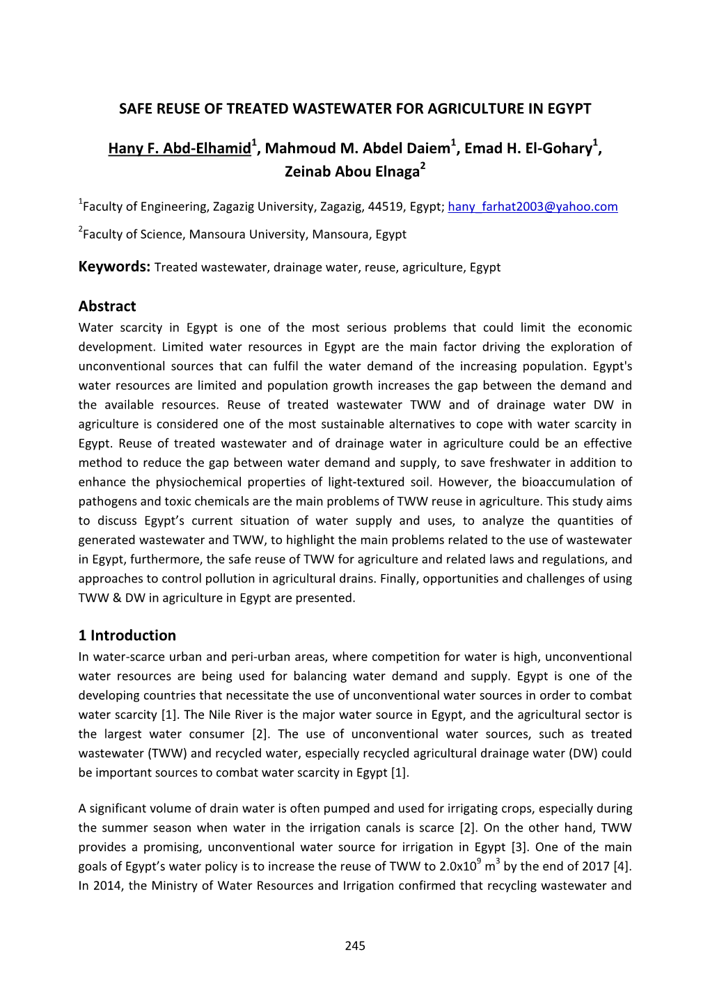 Safe Reuse of Treated Wastewater for Agriculture in Egypt