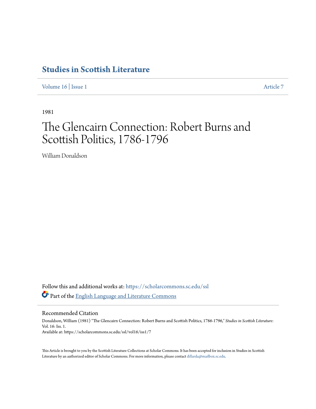 The Glencairn Connection: Robert Burns and Scottish Politics, 1786-1796 William Donaldson