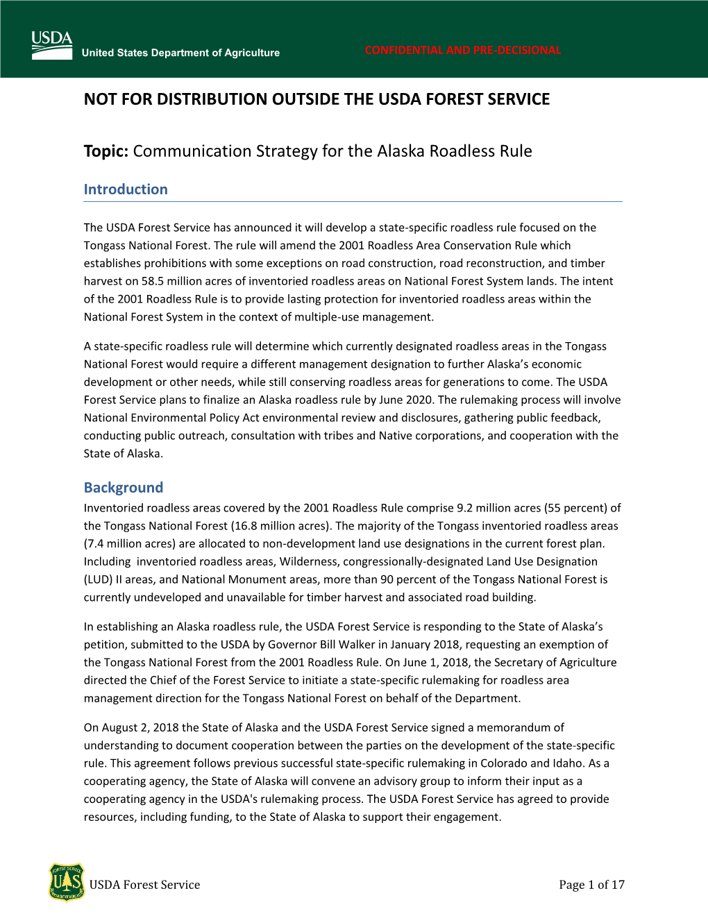 Communication Strategy for the Alaska Roadless Rule