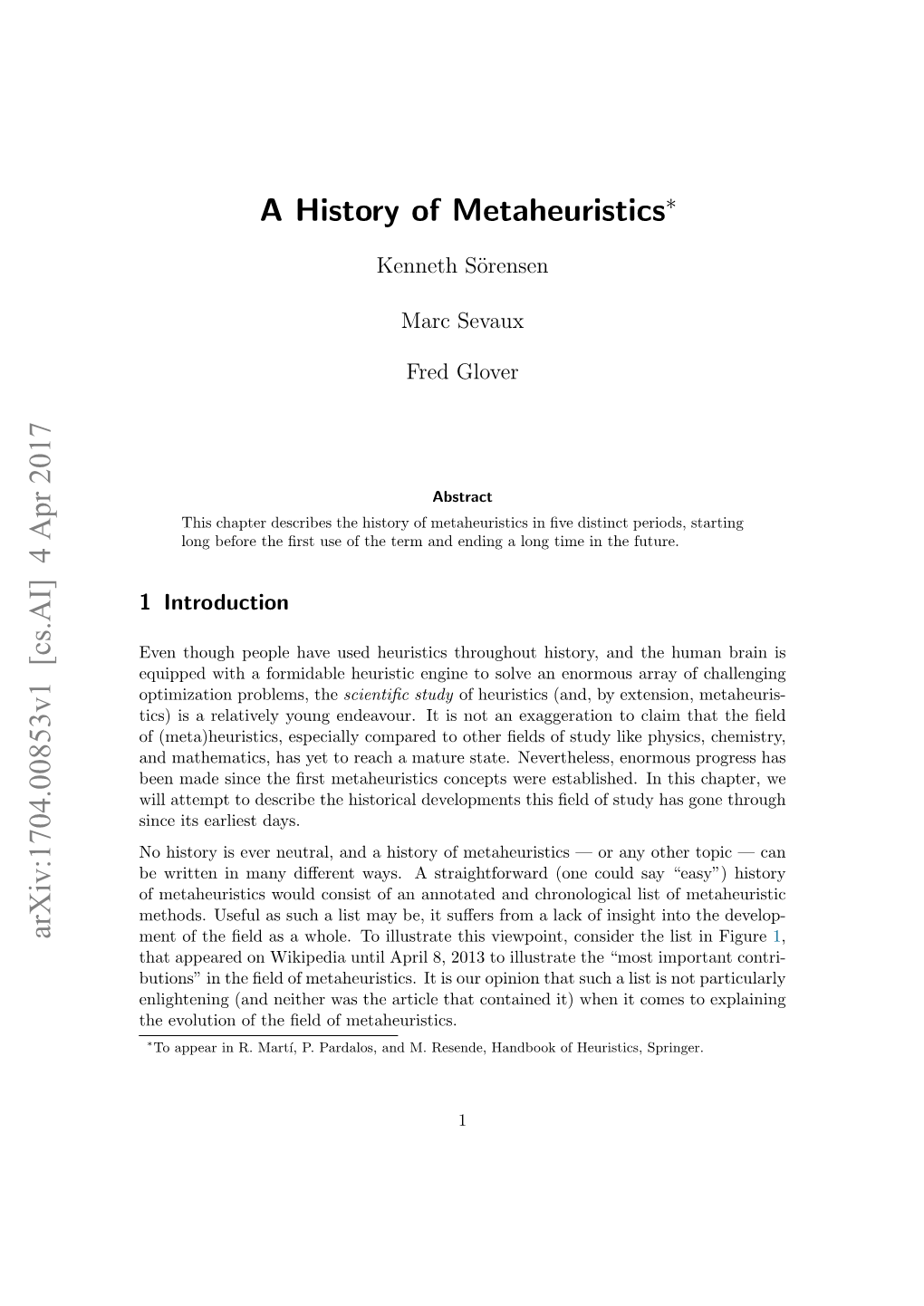 A History of Metaheuristics Arxiv:1704.00853V1 [Cs.AI] 4 Apr 2017