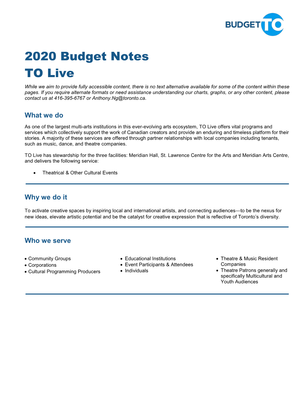 2020 Staff Recommended Capital and Operating Budget Notes – to Live