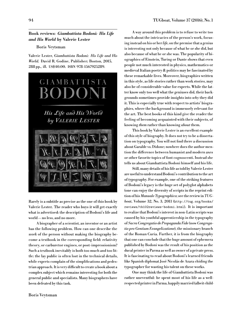 94 Tugboat, Volume 37 (2016), No. 1 Book Reviews: Giambattista Bodoni