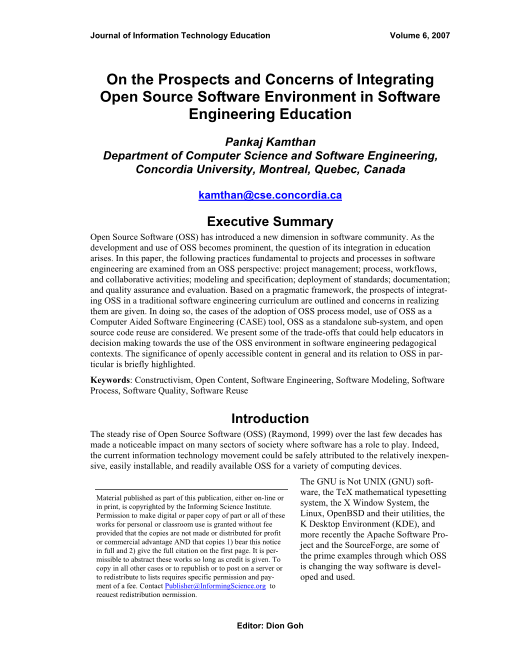 On the Prospects and Concerns of Integrating Open Source Software Environment in Software Engineering Education