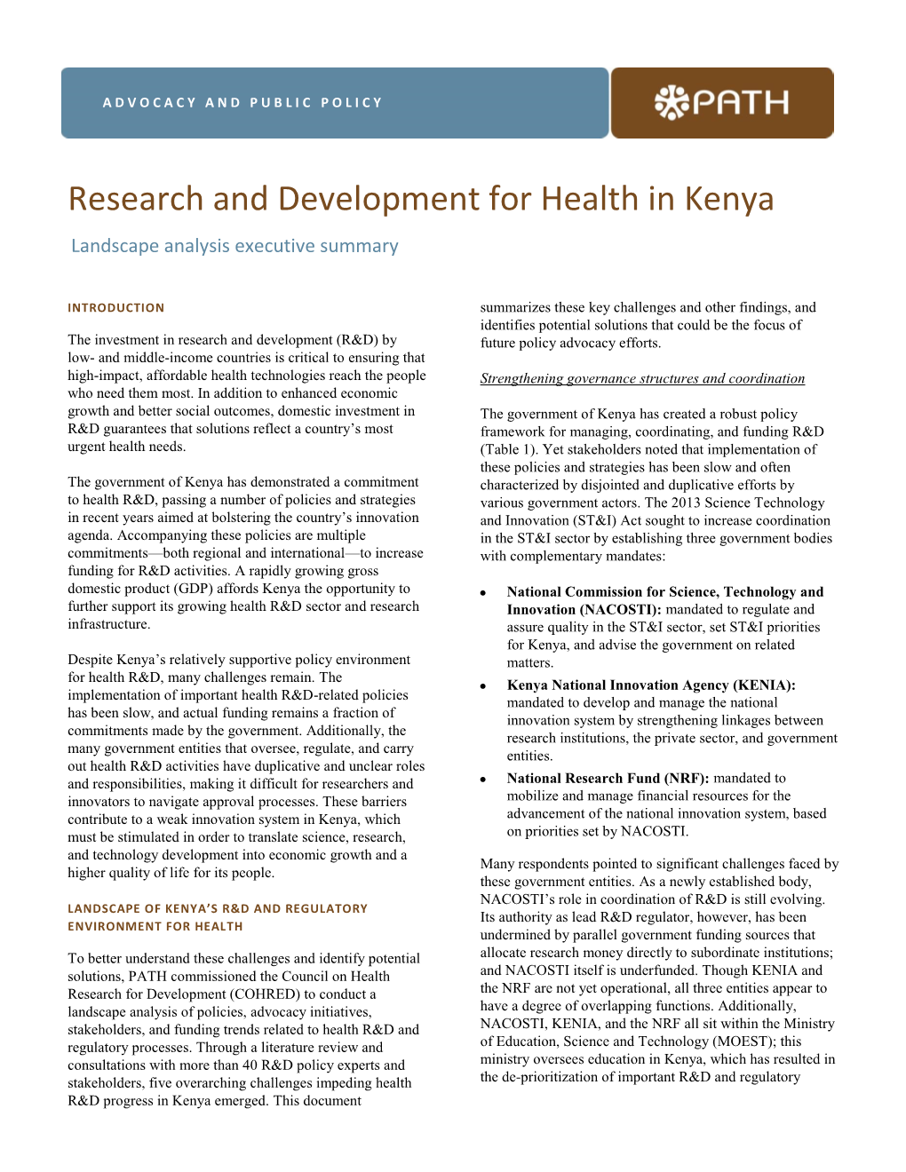 Research and Development for Health in Kenya Landscape Analysis Executive Summary