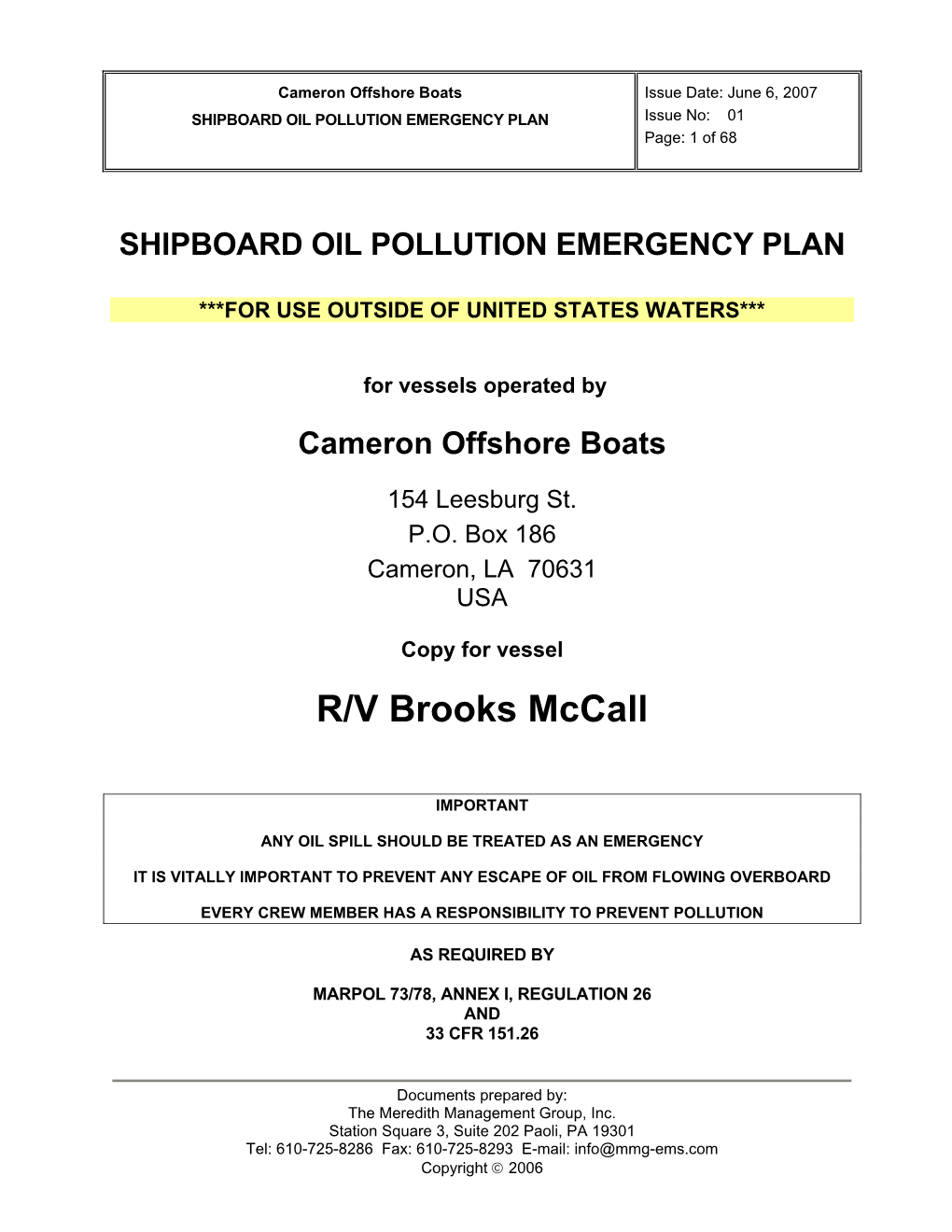 SHIPBOARD OIL POLLUTION EMERGENCY PLAN Issue No: 01 Page: 1 of 68