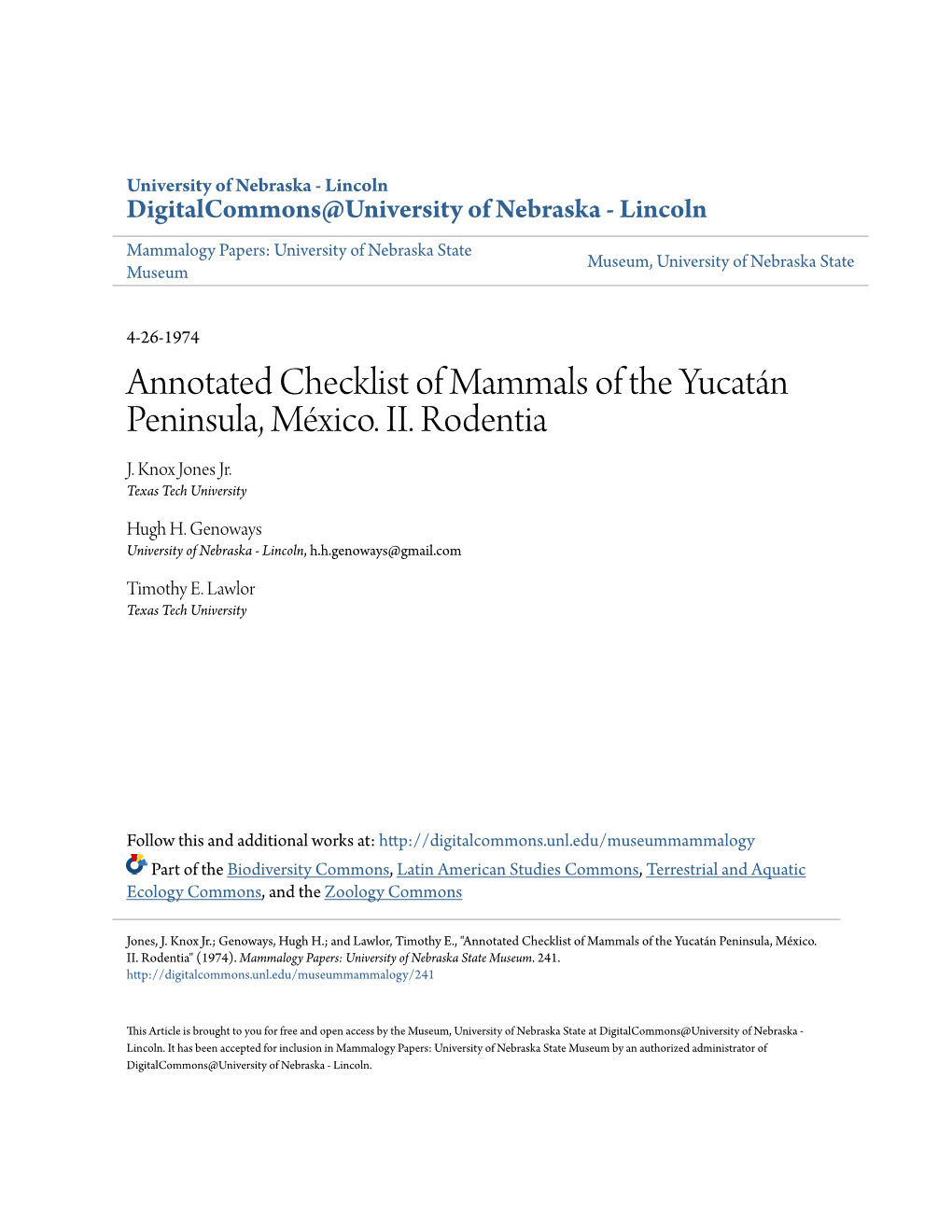 Annotated Checklist of Mammals of the Yucatán Peninsula, México. II
