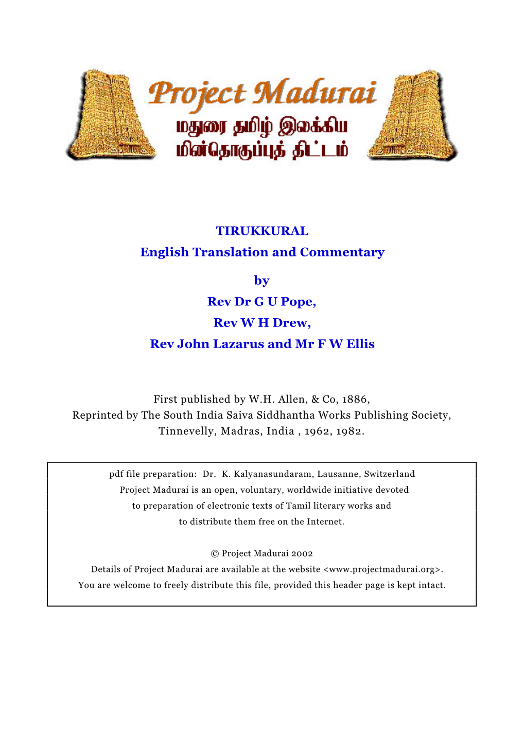 TIRUKKURAL English Translation and Commentary by Rev Dr G U Pope