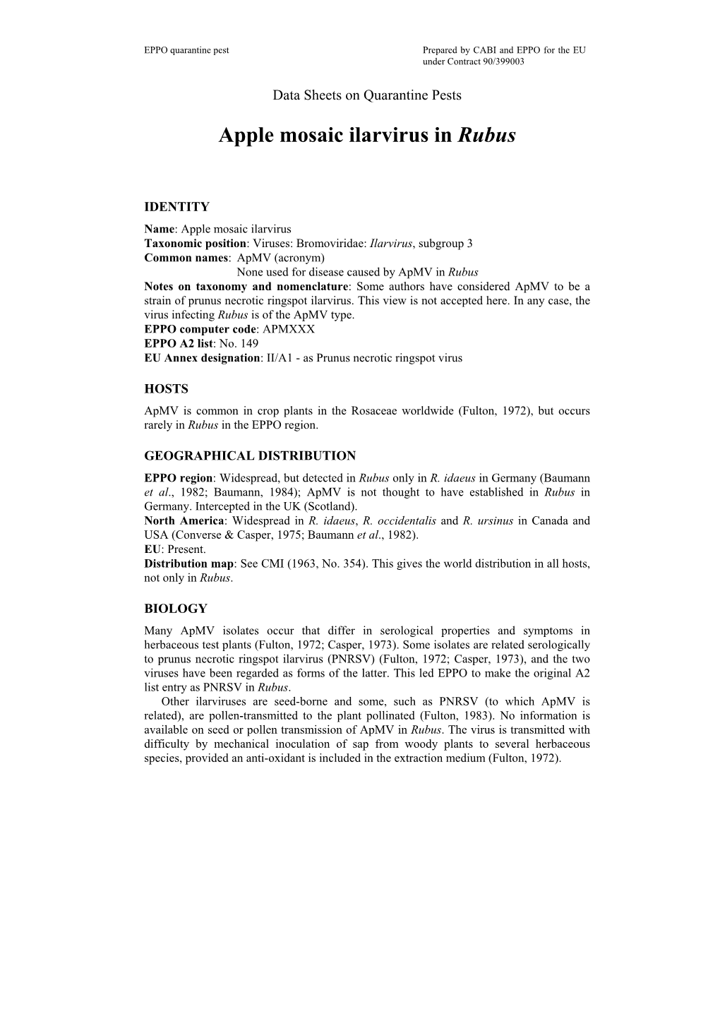 Data Sheet on Apple Mosaic Ilarvirus in Rubus