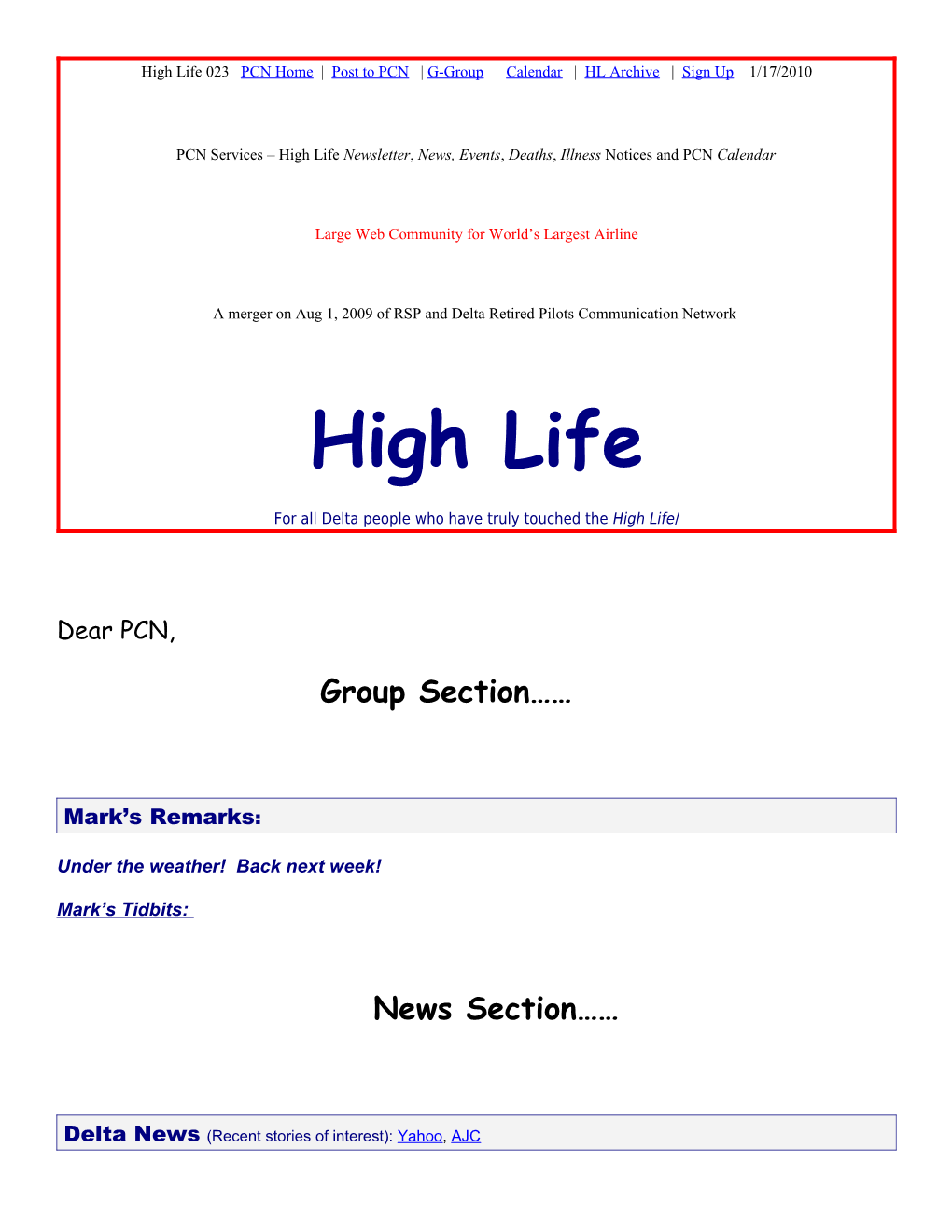 High Life 001A PCN Home Page Ret Pilot Page PCN Archive PCN Signup Contact PCN 6/24/2009 s1