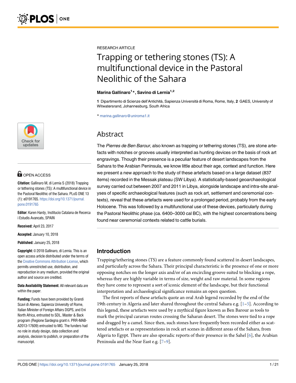 Trapping Or Tethering Stones (TS): a Multifunctional Device in the Pastoral Neolithic of the Sahara