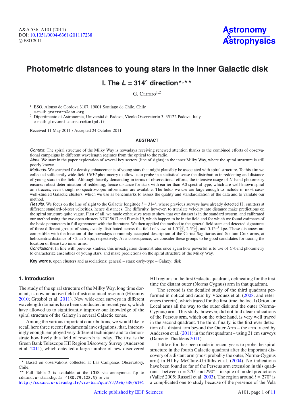 Photometric Distances to Young Stars in the Inner Galactic Disk I