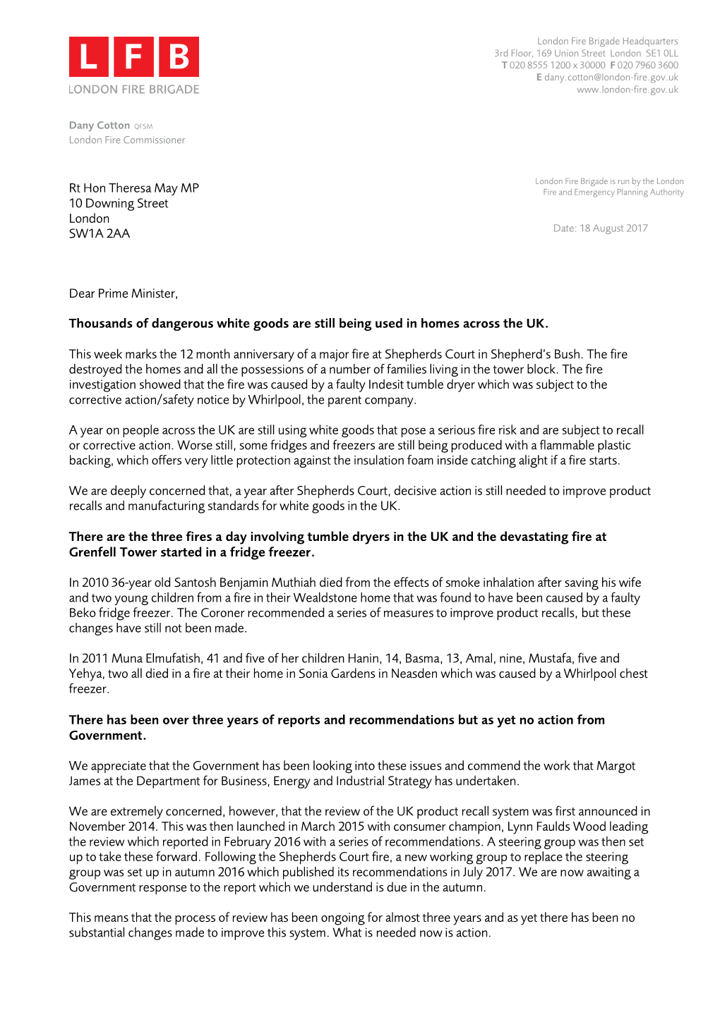 Letter to Right Honourable Theresa May MP Regarding Dangerous White