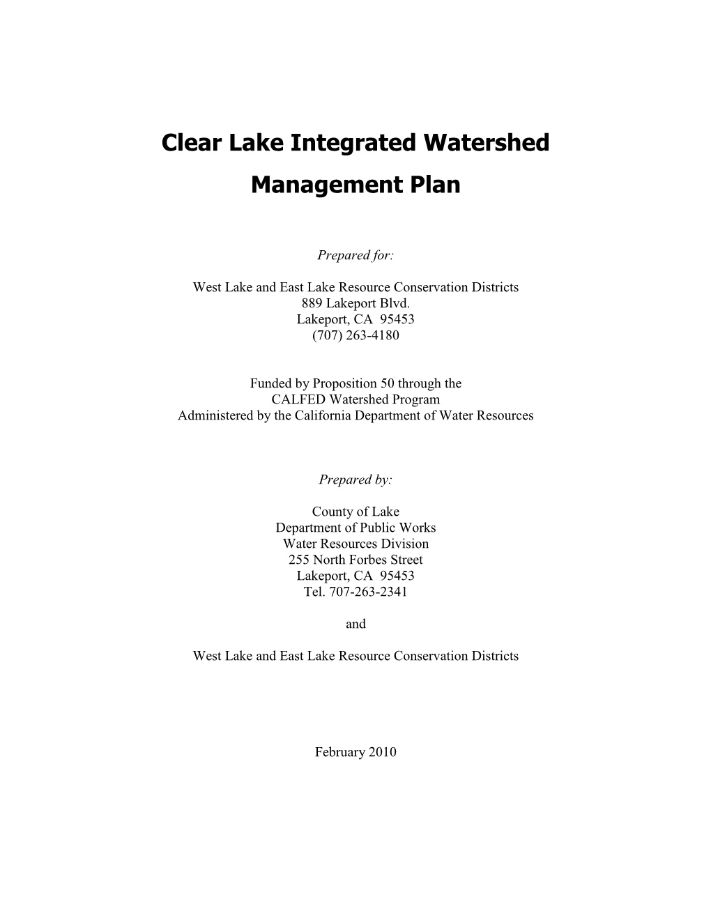 Clear Lake Integrated Watershed Management Plan