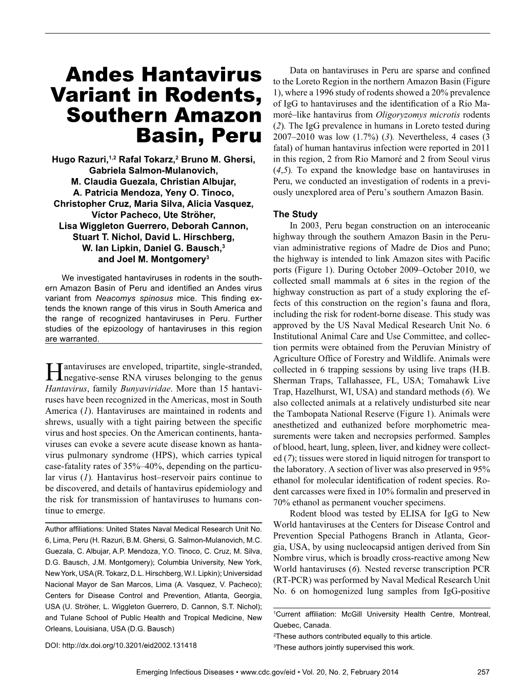 Andes Hantavirus Variant in Rodents, Southern Amazon Basin, Peru