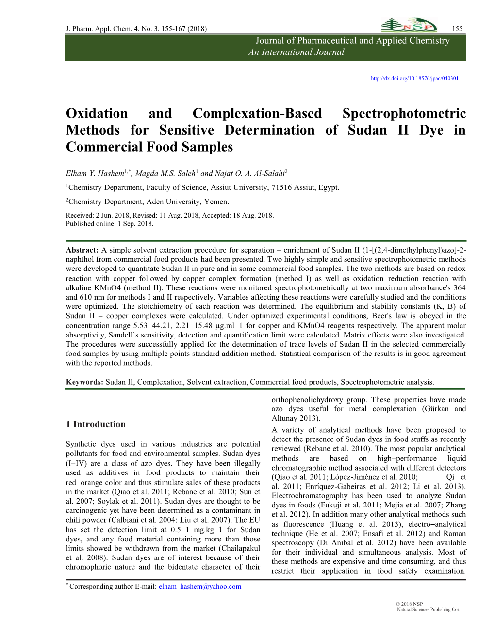 Oxidation and Complexation-Based Spectrophotometric Methods for Sensitive Determination of Sudan II Dye in Commercial Food Samples