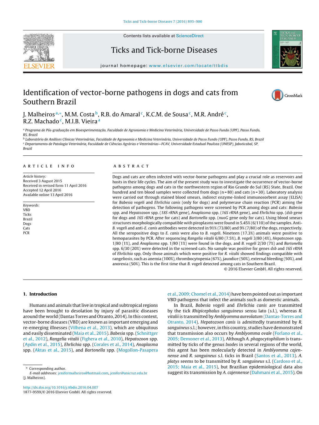 Identification of Vector-Borne Pathogens in Dogs and Cats From